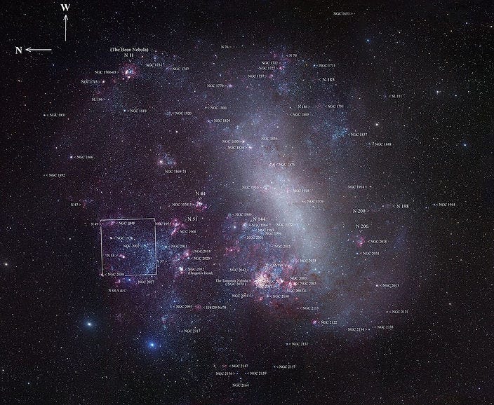 e, and regions of star formation, designated by their catalog numbers (e.g., NGC 1763, NGC 2070). The LMC's central bar structure is visible, along with various bright and colorful regions indicating areas of active star formation. The orientation is marked with arrows pointing North (N) and West (W) in the upper left corner. The image highlights the rich and complex structure of the LMC. e, and regions of star formation, designated by their catalog numbers (e.g., NGC 1763, NGC 2070). The LMC's central bar structure is visible, along with various bright and colorful regions indicating areas of active star formation. The orientation is marked with arrows pointing North (N) and West (W) in the upper left corner. The image highlights the rich and complex structure of the LMC.