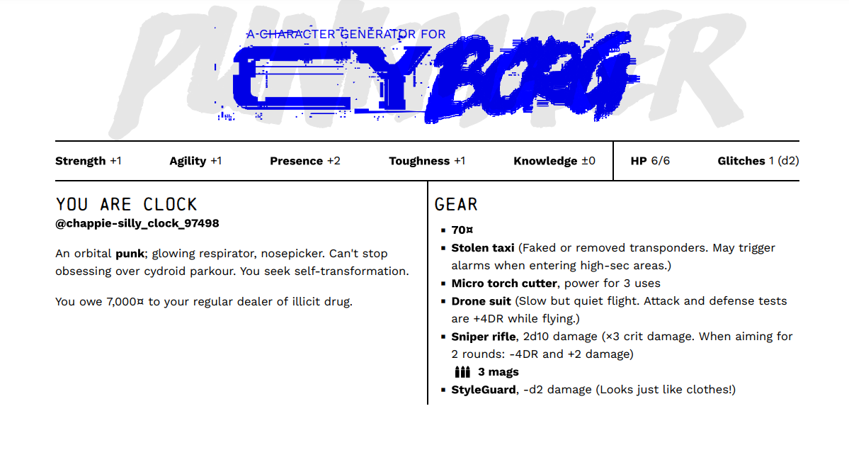 Character sheet for Clock