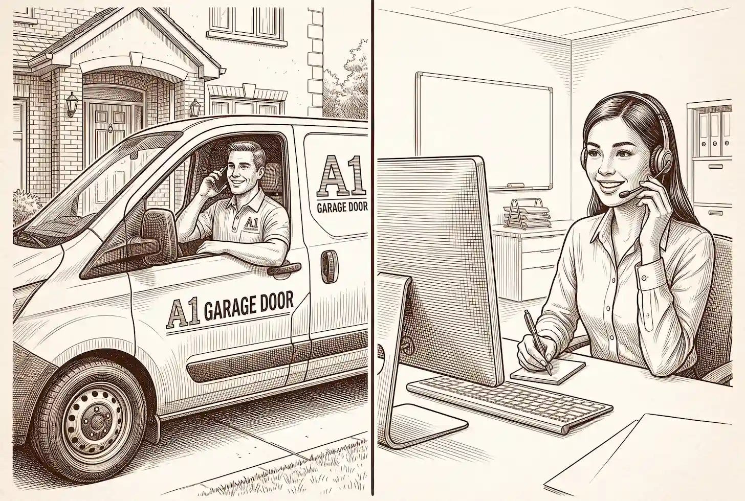 a residential garage door technician calls the office so they can contact the customer regarding any concerns