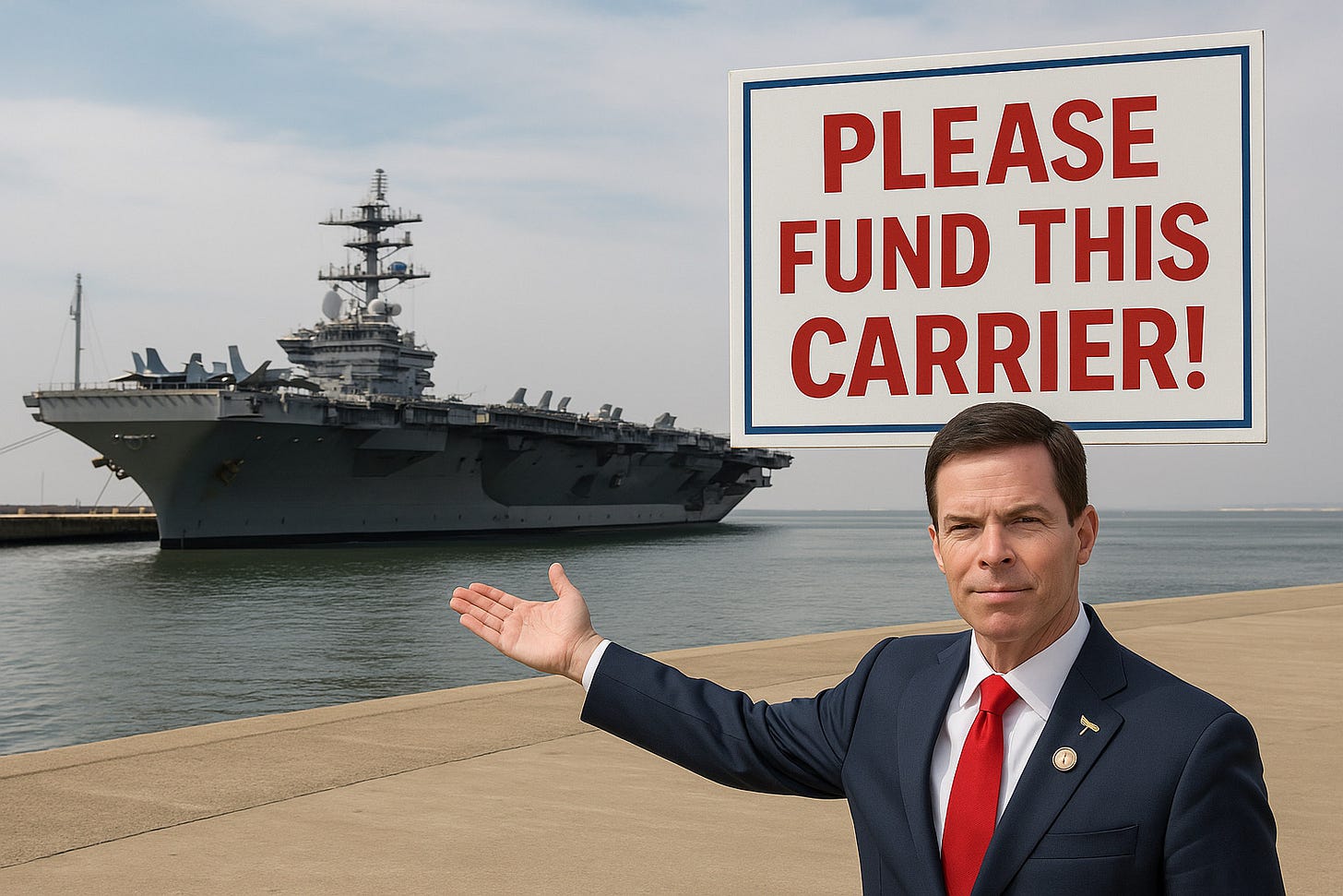 Digitally created satirical image of a congressman asking to fund an aircraft carrier.