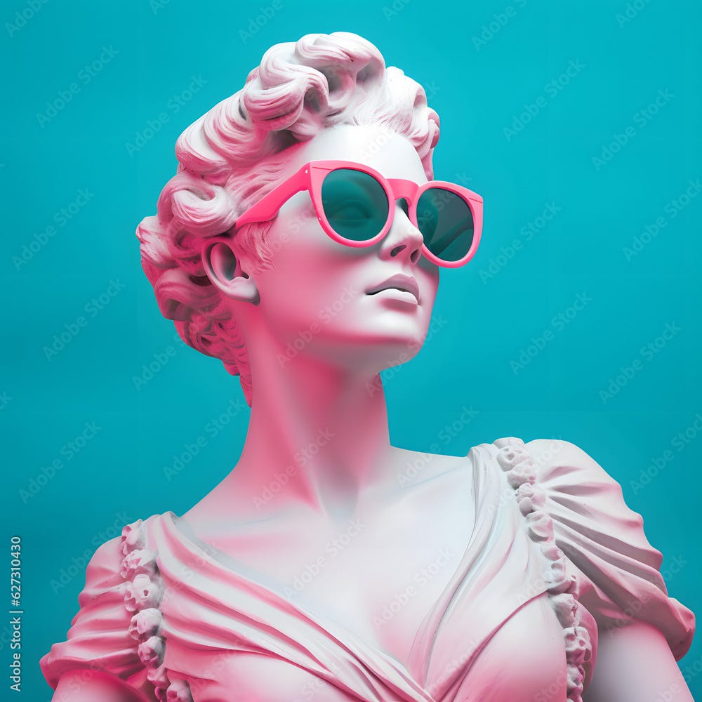Antique female statue with sunglasses on the blue background. Minimalistic concept.