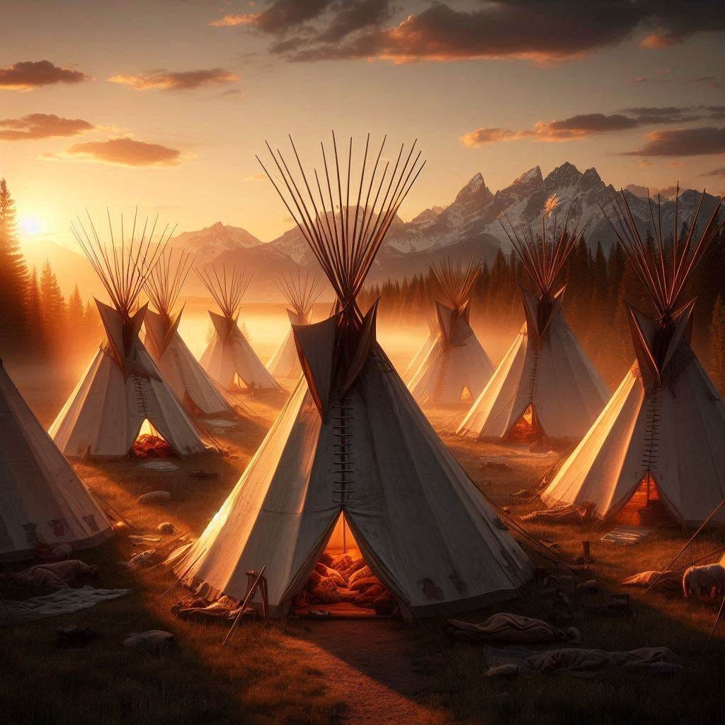 a group of tipis at dawn in northern montana 1870 all sleeping inside