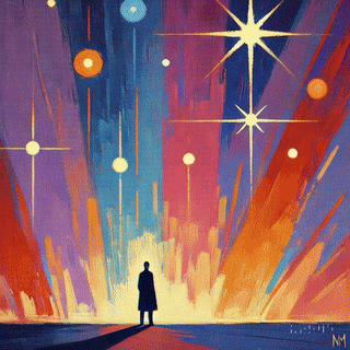 A figure stands silhouetted against a vibrant cosmic background filled with colorful stars and bursts of light, symbolizing exploration and discovery. A figure stands silhouetted against a vibrant cosmic background filled with colorful stars and bursts of light, symbolizing exploration and discovery.