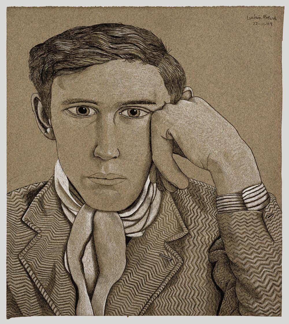 Drawing of the head and shoulders of a young man. He rests his head on one hand. He wears a textured jacket and a pale cravat. 