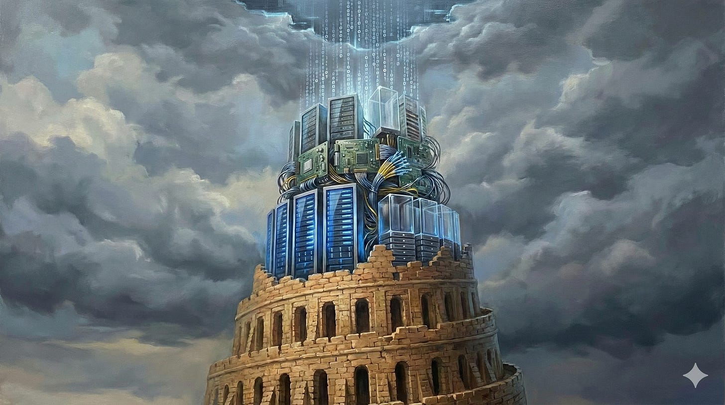 A dramatic oil painting depicting the Tower of Babel. The base is constructed of ancient sandstone bricks and arches, but as it spirals upward, the structure seamlessly transforms into modern technology—stacks of blue glowing server racks, circuit boards, and tangled cables. The tower's summit pierces through dark, stormy clouds, dissolving into streams of digital binary code.