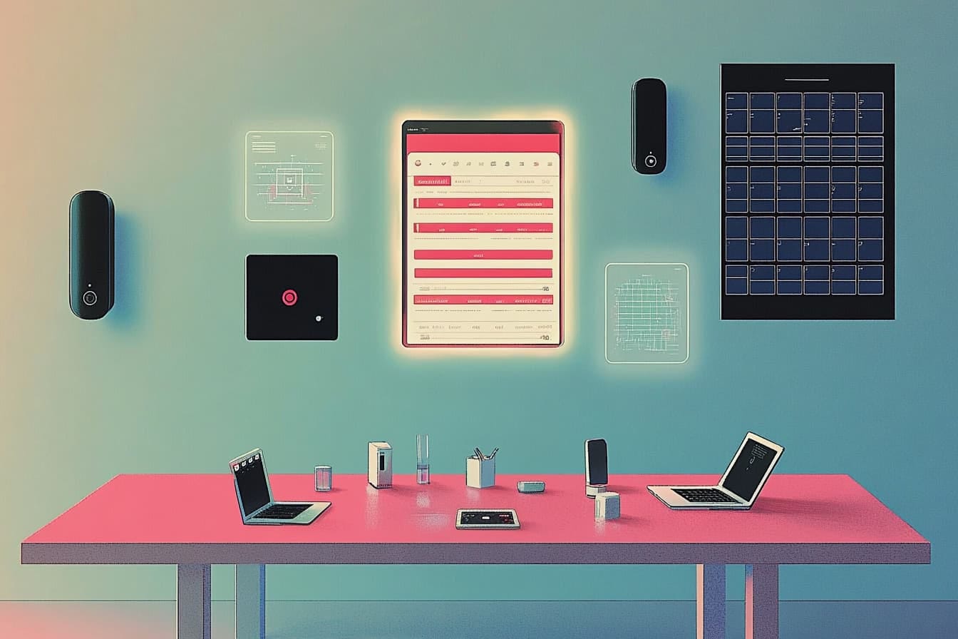 a dinner table covered with electronic devices and a glowing electronic calendar on the wall