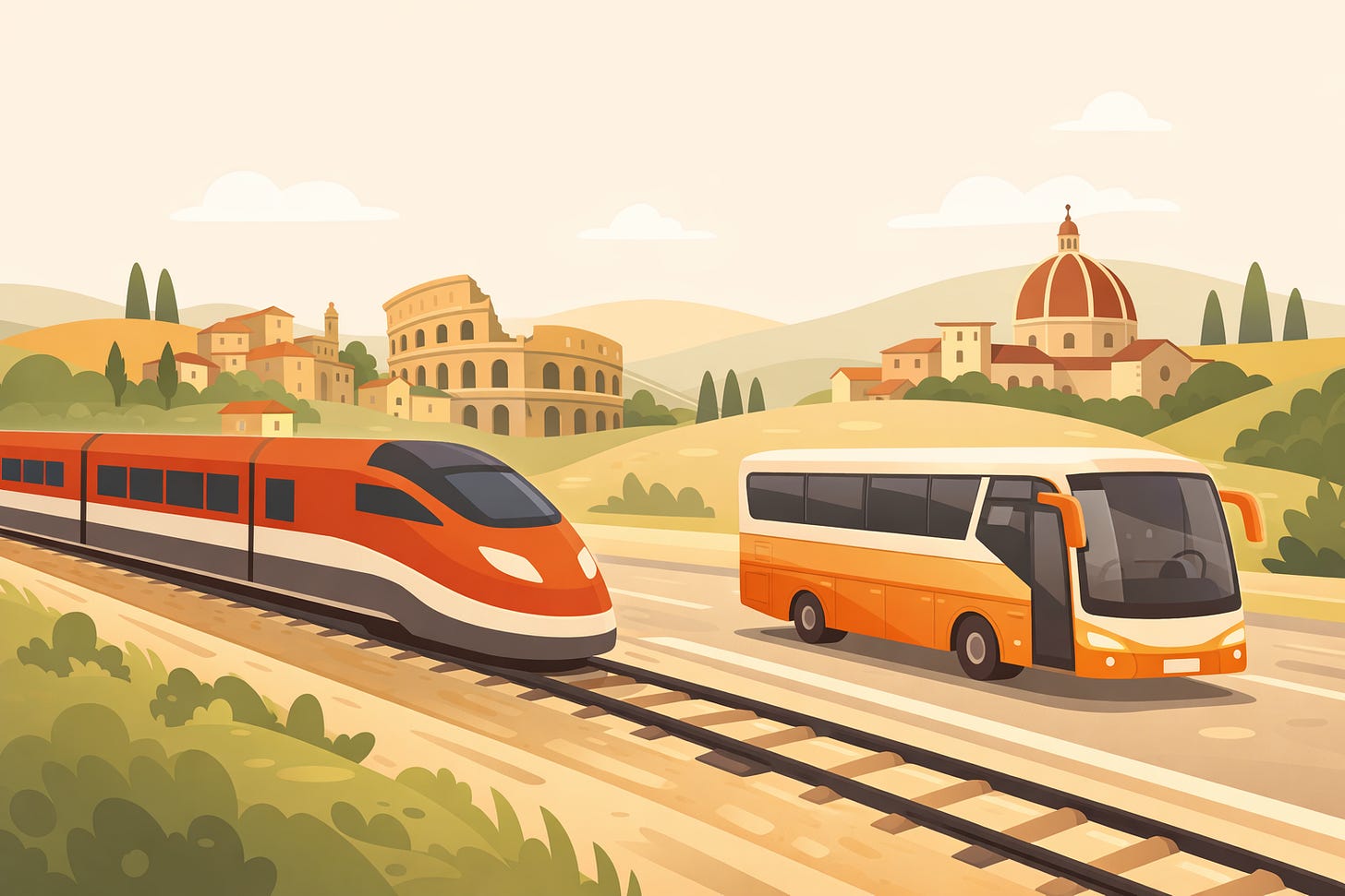 Illustration of a train and a bus travelling around Italy.