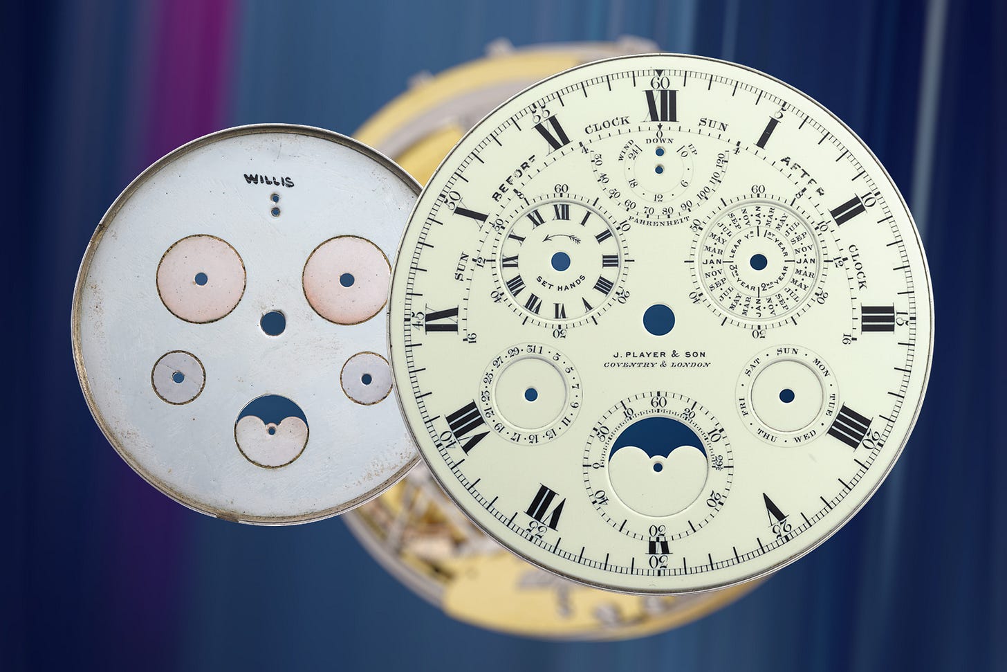 J. Player & Son Supercomplication - The front and back of the dial, signed “Willis”. Image – Phillips