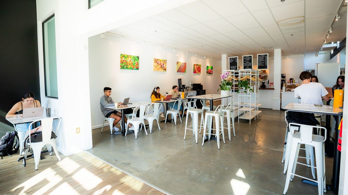 The inside of Deltina Coffee Roasters coffee shop in San Luis Obispo. Students sit at white tables and chairs working on laptops with cups of coffee. A line of brightly colored photographs from coffee farms is mounted on the far wall.