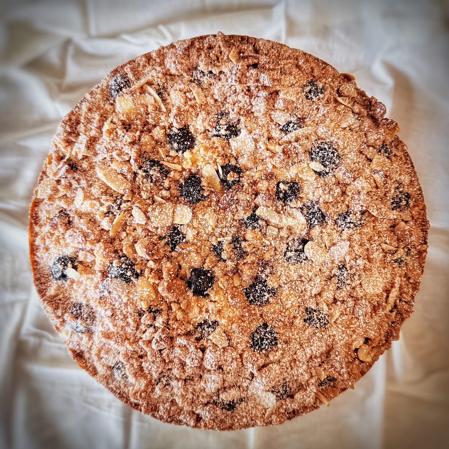 An amarena cherry and almond coffee cake lightly defies gravity. An amarena cherry and almond coffee cake lightly defies gravity.