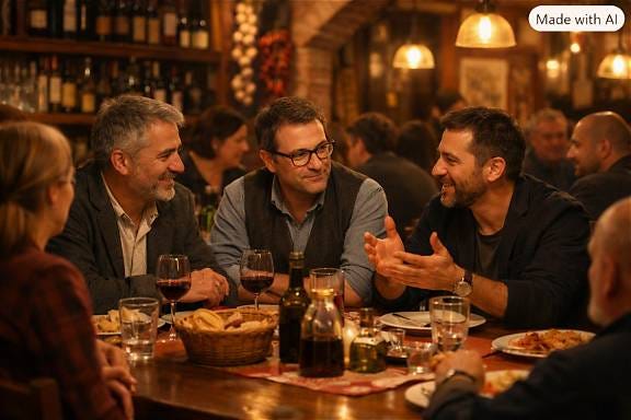 Trois hommes dans une trattoria