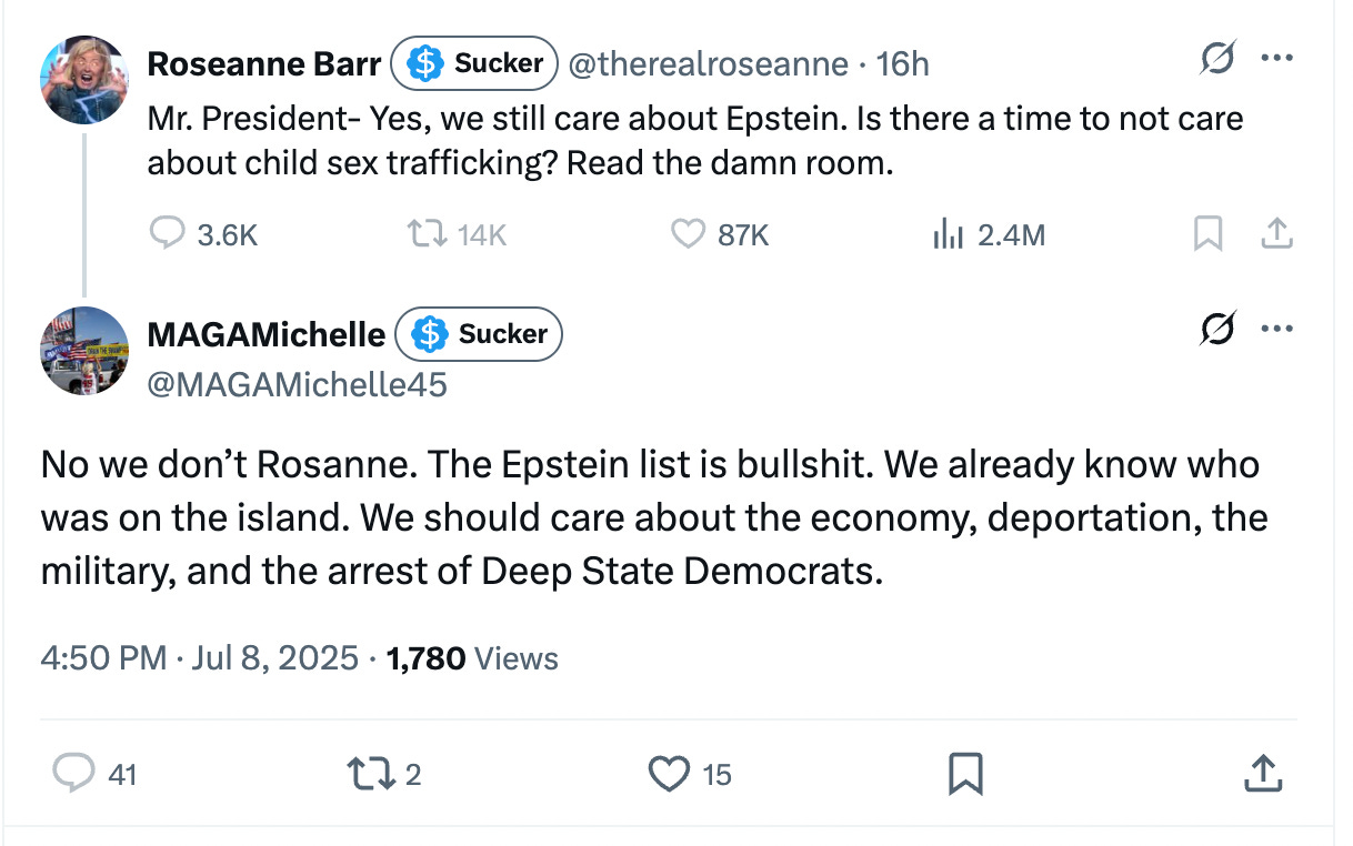 Roseanne tweet: Mr. President- Yes, we still care about Epstein. Is there a time to not care about child sex trafficking? Read the damn room.  Maga Michelle tweet: No we don't Rosanne. The Epstein list is bullshit. We already know who was on the island. We should care about the economy, deportation, the military, and the arrest of Deep State Democrats.