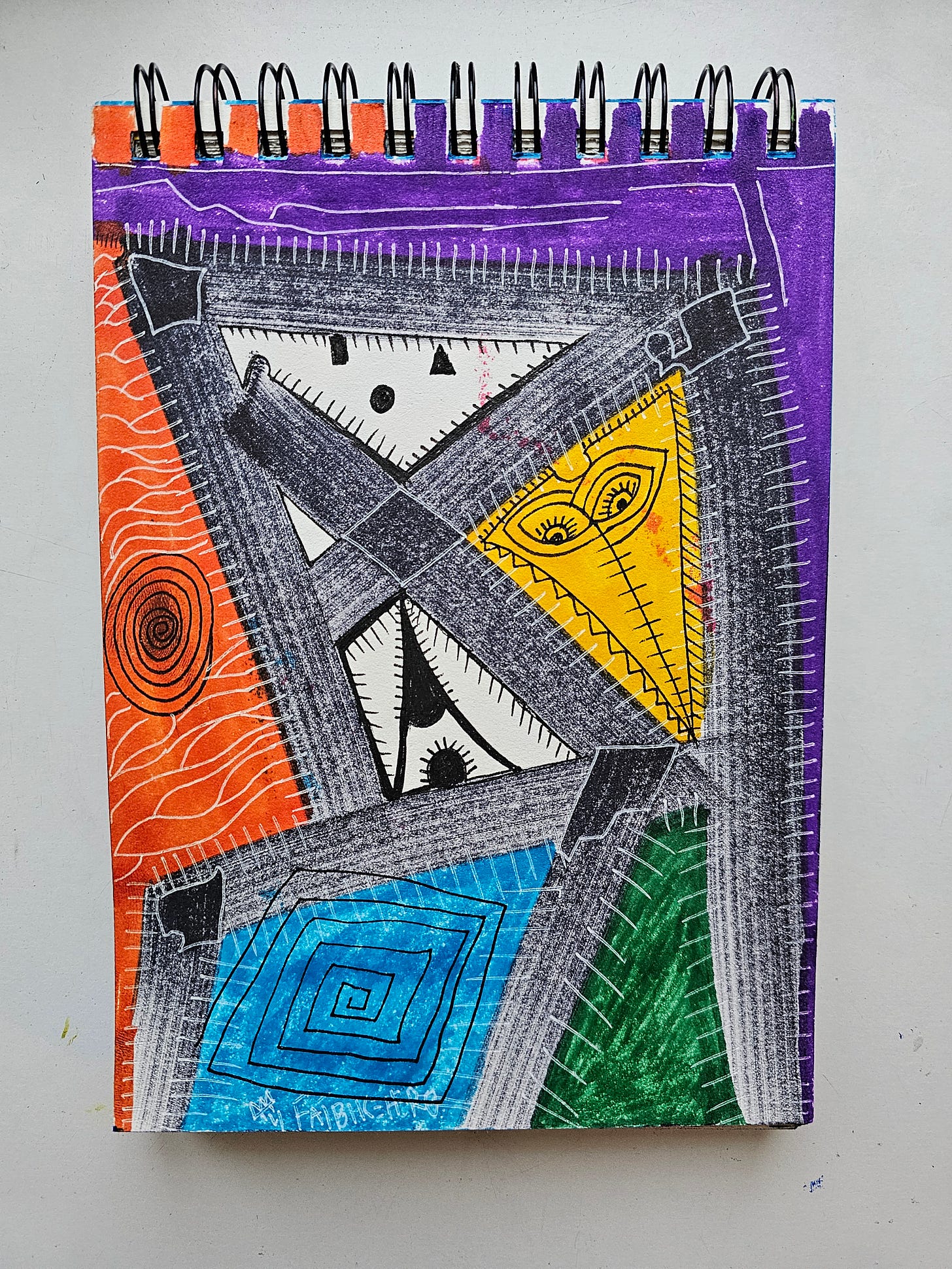 Alt Text: An abstract mixed media drawing by FatbikeHero featuring intersecting grey beams with white stitching details. A yellow triangle with a stylized face and eyes sits on the right, contrasted by a blue square with a spiral and an orange section with wavy lines. Alt Text: An abstract mixed media drawing by FatbikeHero featuring intersecting grey beams with white stitching details. A yellow triangle with a stylized face and eyes sits on the right, contrasted by a blue square with a spiral and an orange section with wavy lines.