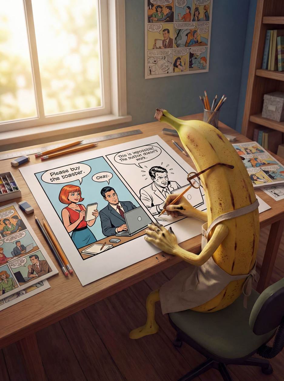 A banana with a banana peel and a cartoon character sitting at a desk

AI-generated content may be incorrect.