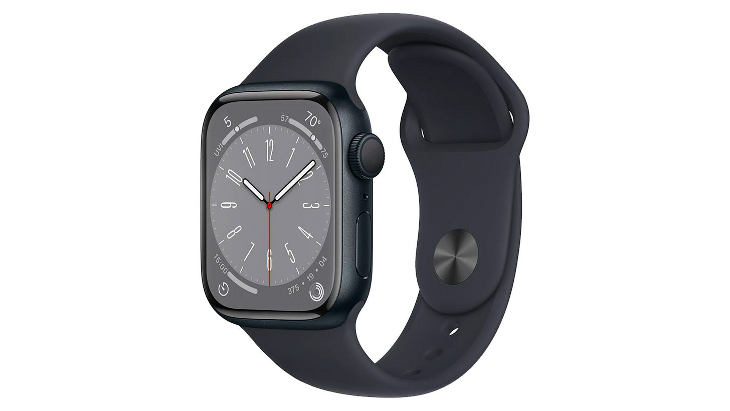 A midnight Apple Watch Series 8 with midnight sport band on a white background A midnight Apple Watch Series 8 with midnight sport band on a white background