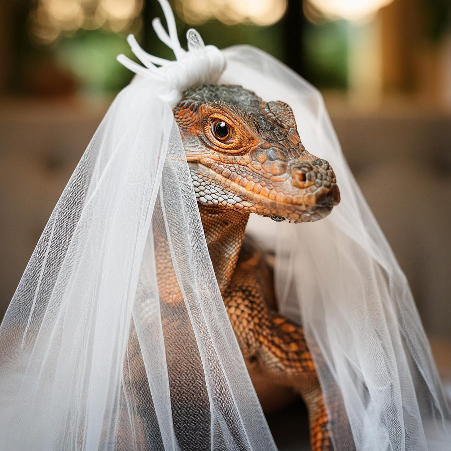 image of an iguana wearing a wedding veil