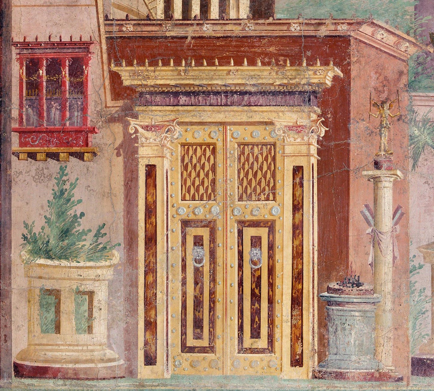 Fresco depicting a large ornamental doorway, red and gold, and parts of the attached building with a red balcony to the upper left. 