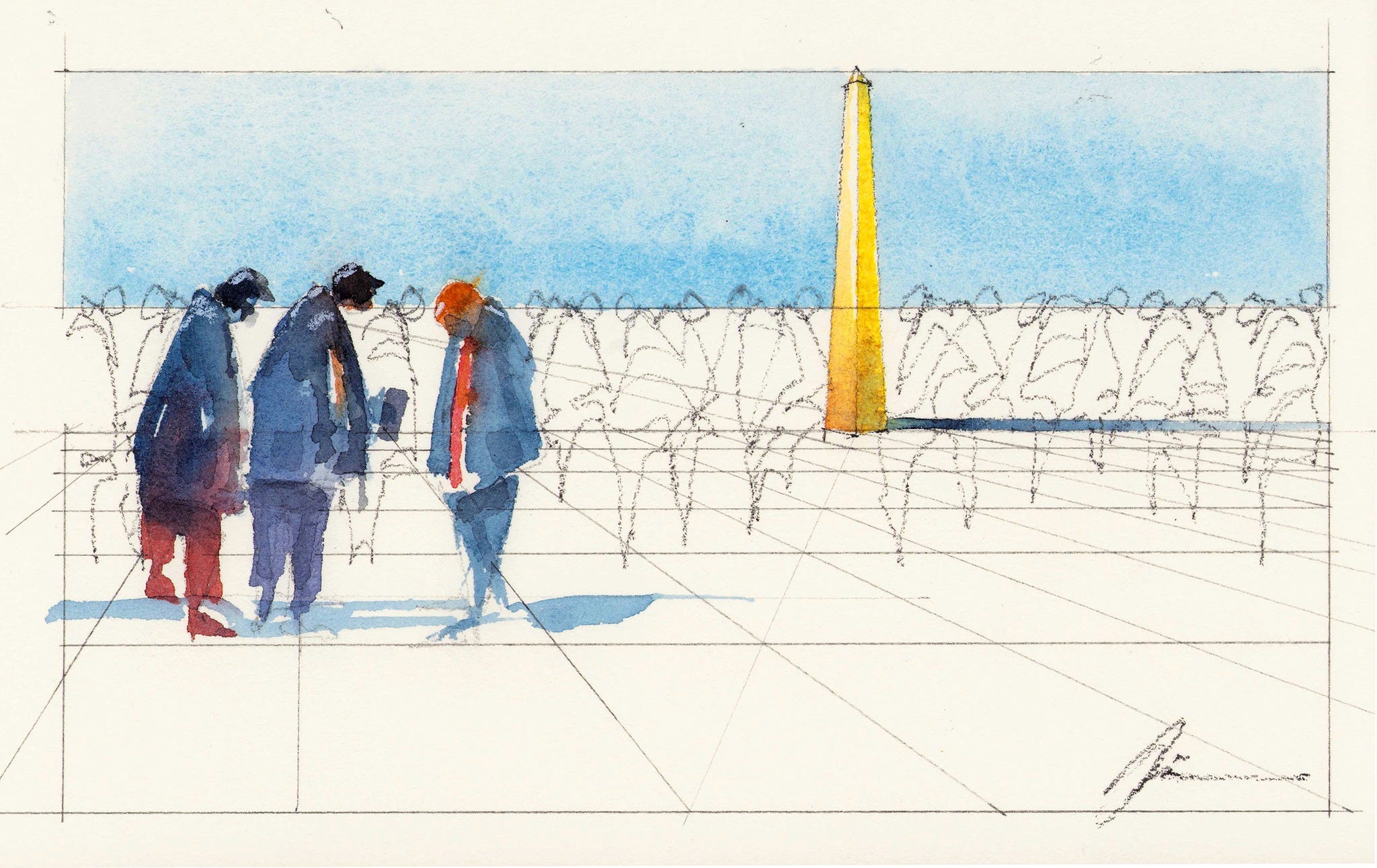 Three suited figures […] huddle in the foreground, loosely rendered and inward-looking, their forms negotiating a BRIBE — MO Bilbeisi, 2025