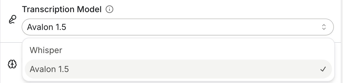 Screenshot of Aqua Voice settings with the transcription model menu showing Whisper and Avalon 1.5.