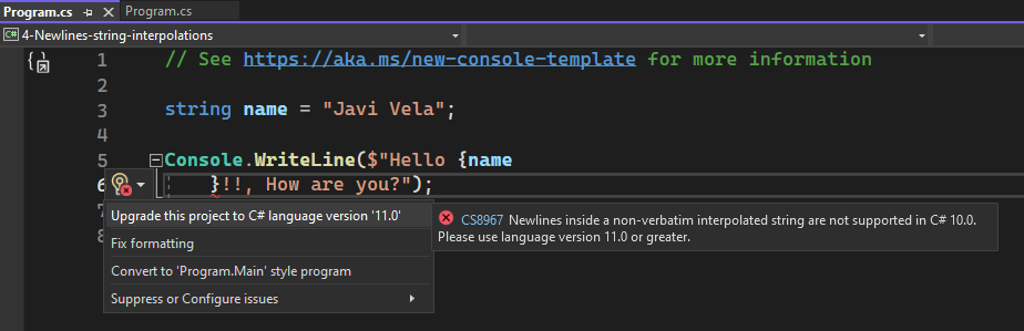 C# 10, error de compilación salto de líneas en un string interpolated C# 10, error de compilación salto de líneas en un string interpolated