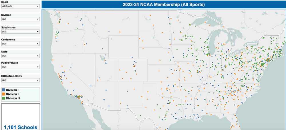 Map of Division I, II, and III schools
