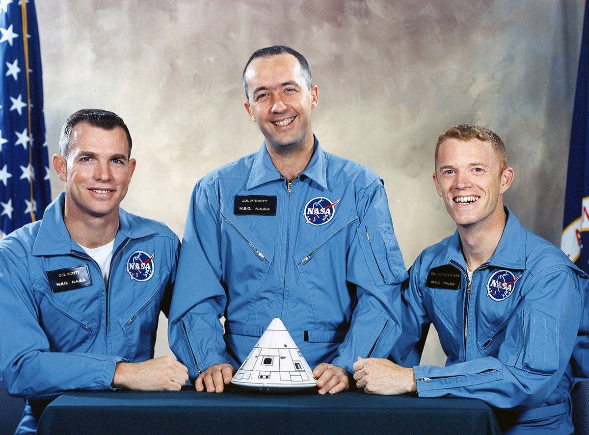 Apollo 9 crew in blue jumpsuits. Apollo 9 crew in blue jumpsuits.