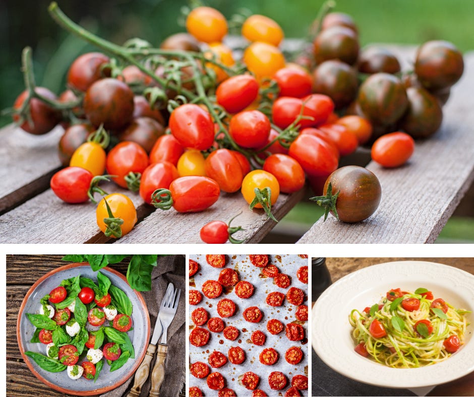 colorful varieties of cherry tomatoes, cherry tomatoes on a salad, dried and on a pasta