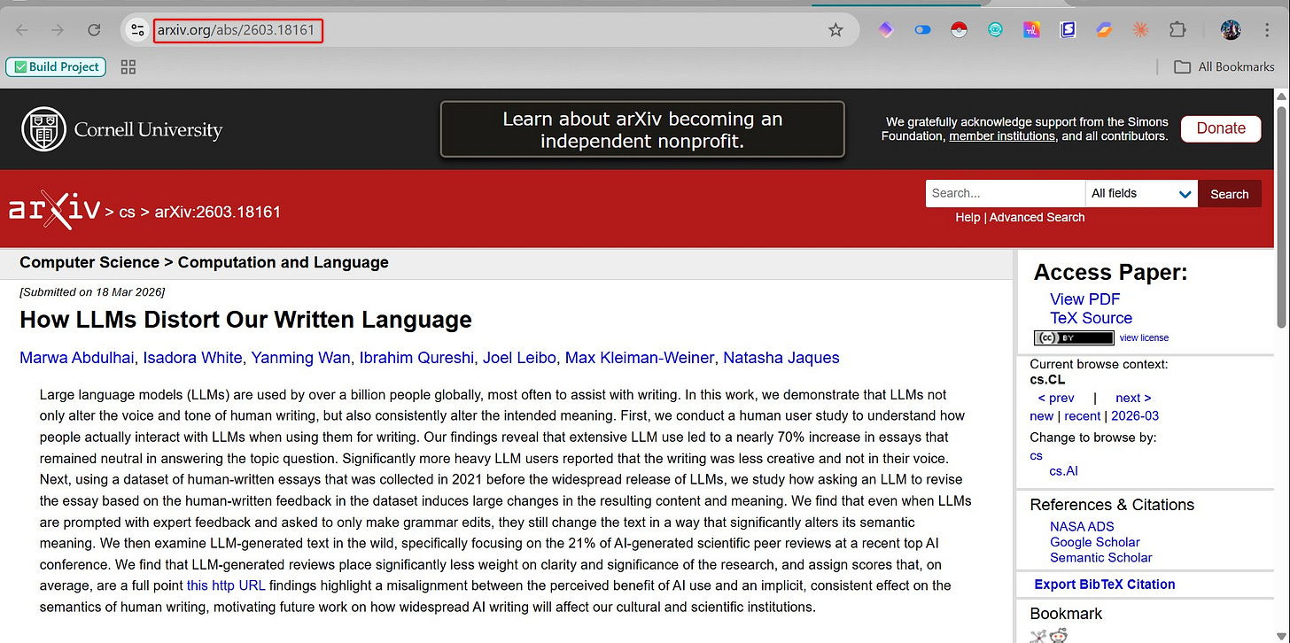 Peer-reviewed computer science paper on arXiv proving large language models distort human writing style and meaning, with findings that heavy LLM users produced nearly 70% more neutral content and reported the writing was less creative and not in their voice.