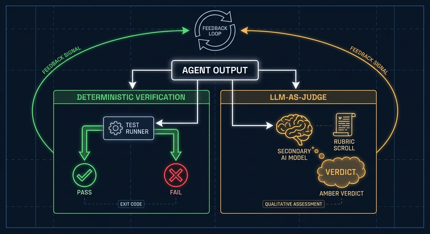 AI Agents verification patterns: deterministic pass-fail exit codes versus LLM-as-judge with a secondary model evaluating output against a rubric AI Agents verification patterns: deterministic pass-fail exit codes versus LLM-as-judge with a secondary model evaluating output against a rubric