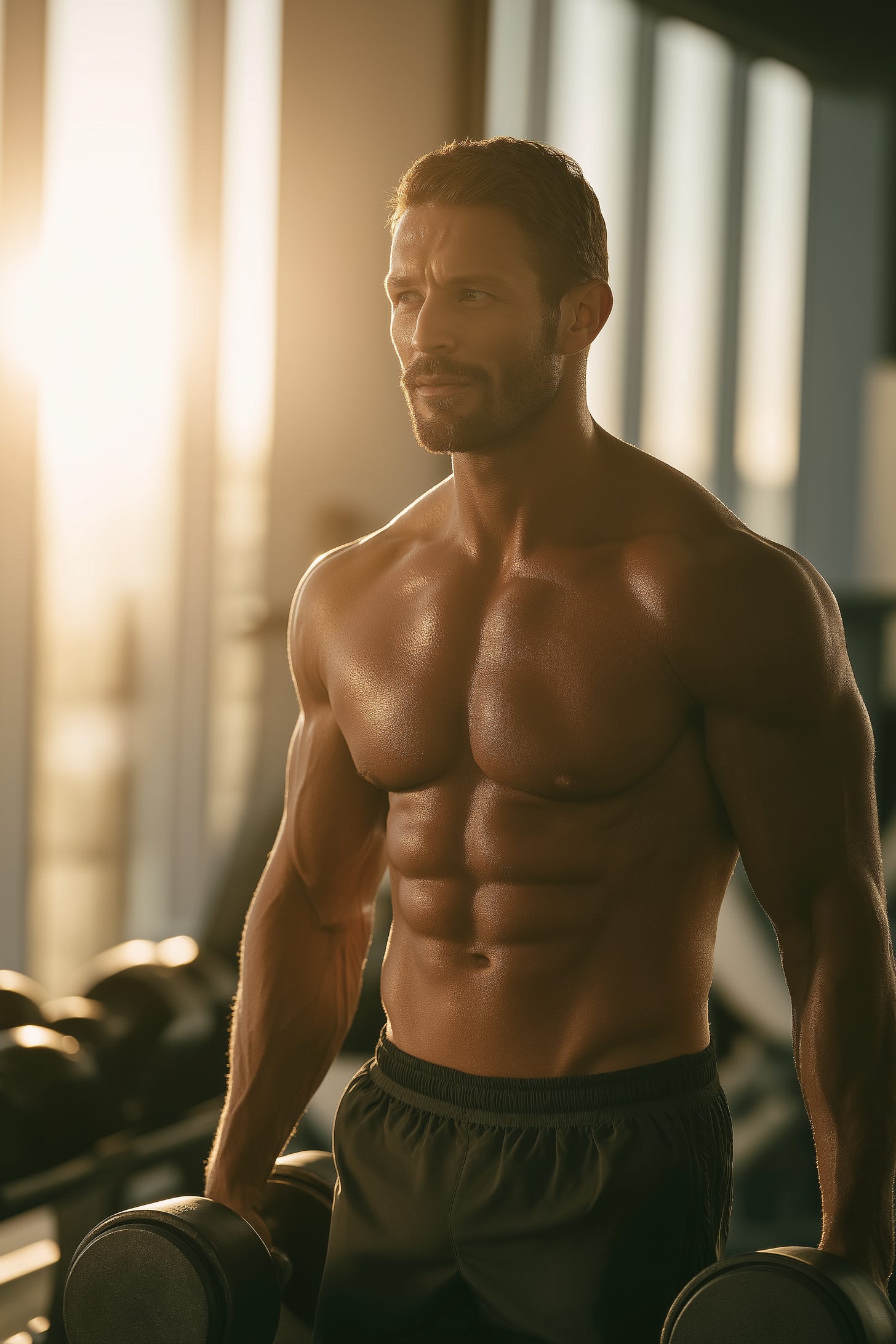 Fit, muscular, determined middle-aged man, shirtless in the gym carrying two heavy dumbbells and morning sunlight poring in. Fit, muscular, determined middle-aged man, shirtless in the gym carrying two heavy dumbbells and morning sunlight poring in.