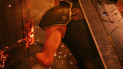 Perspective shift and time jump from Zack opening the door to Cloud being thrown backwards from the blast.