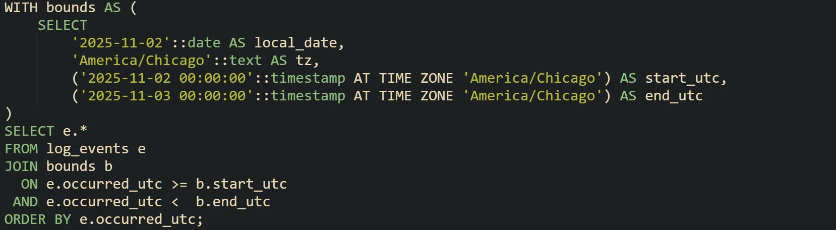 WITH bounds AS ( SELECT '2025-11-02'::date AS local_date, 'America/Chicago'::text AS tz, ('2025-11-02 00:00:00'::timestamp AT TIME ZONE 'America/Chicago') AS start_utc, ('2025-11-03 00:00:00'::timestamp AT TIME ZONE 'America/Chicago') AS end_utc ) SELECT e.* FROM log_events e JOIN bounds b ON e.occurred_utc >= b.start_utc AND e.occurred_utc < b.end_utc ORDER BY e.occurred_utc; WITH bounds AS ( SELECT '2025-11-02'::date AS local_date, 'America/Chicago'::text AS tz, ('2025-11-02 00:00:00'::timestamp AT TIME ZONE 'America/Chicago') AS start_utc, ('2025-11-03 00:00:00'::timestamp AT TIME ZONE 'America/Chicago') AS end_utc ) SELECT e.* FROM log_events e JOIN bounds b ON e.occurred_utc >= b.start_utc AND e.occurred_utc < b.end_utc ORDER BY e.occurred_utc;