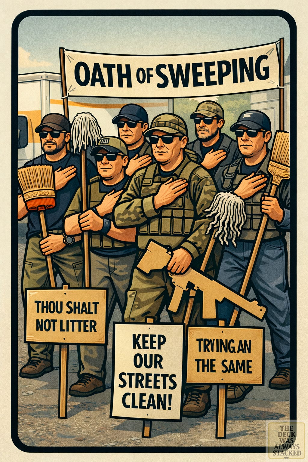 Cartoon-style illustration of a mock protest march where participants hold brooms and cleaning tools instead of weapons, standing beneath a banner reading “OATH OF SWEEPING,” emphasizing symbolic, nonviolent satire. Cartoon-style illustration of a mock protest march where participants hold brooms and cleaning tools instead of weapons, standing beneath a banner reading “OATH OF SWEEPING,” emphasizing symbolic, nonviolent satire.