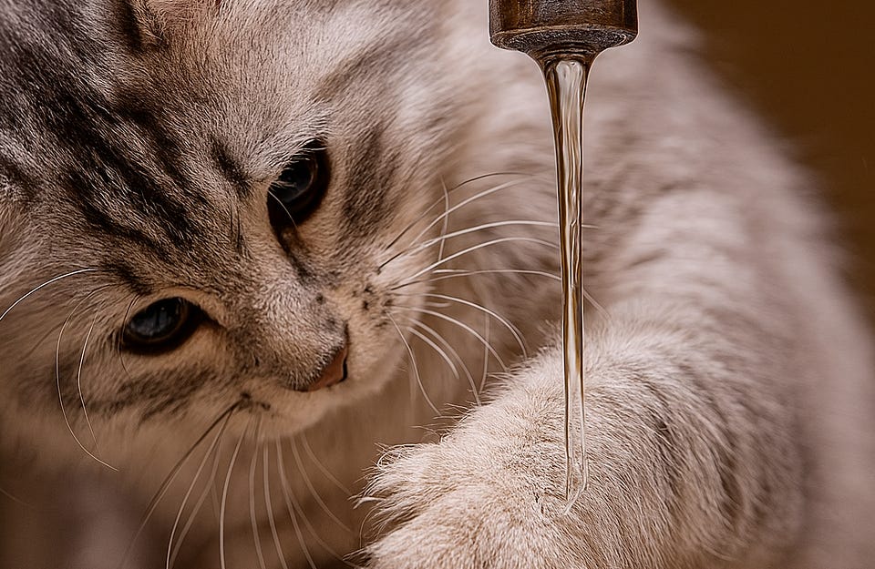 Cat looking at water coming from faucet