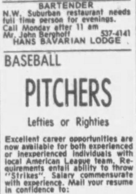 Ad describing "excellent career opportunities available with local American League team."
