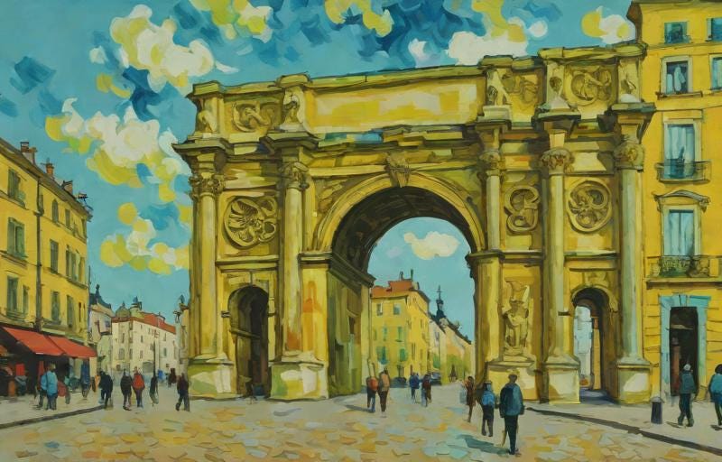 AI rendered arch on european street
