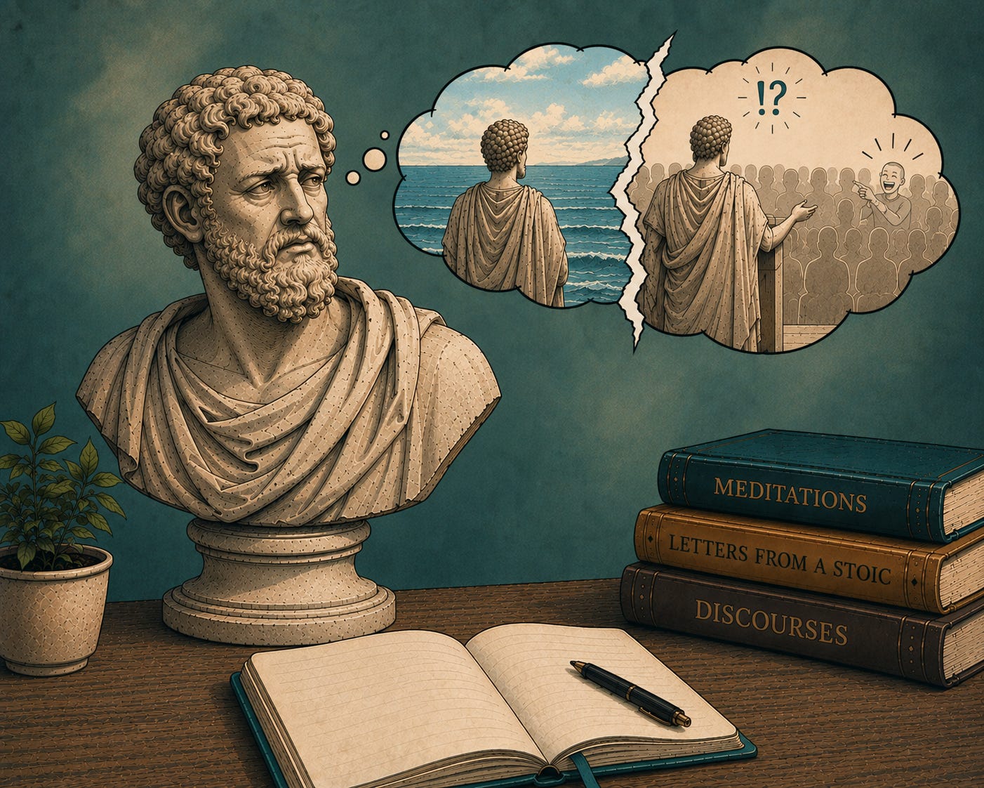 A classical marble bust sits on a desk beside an open journal and Stoic books. A split thought bubble shows the statue calmly facing the sea, then imagining himself presenting to a faceless audience while one audience member laughs, with “!?” above them.