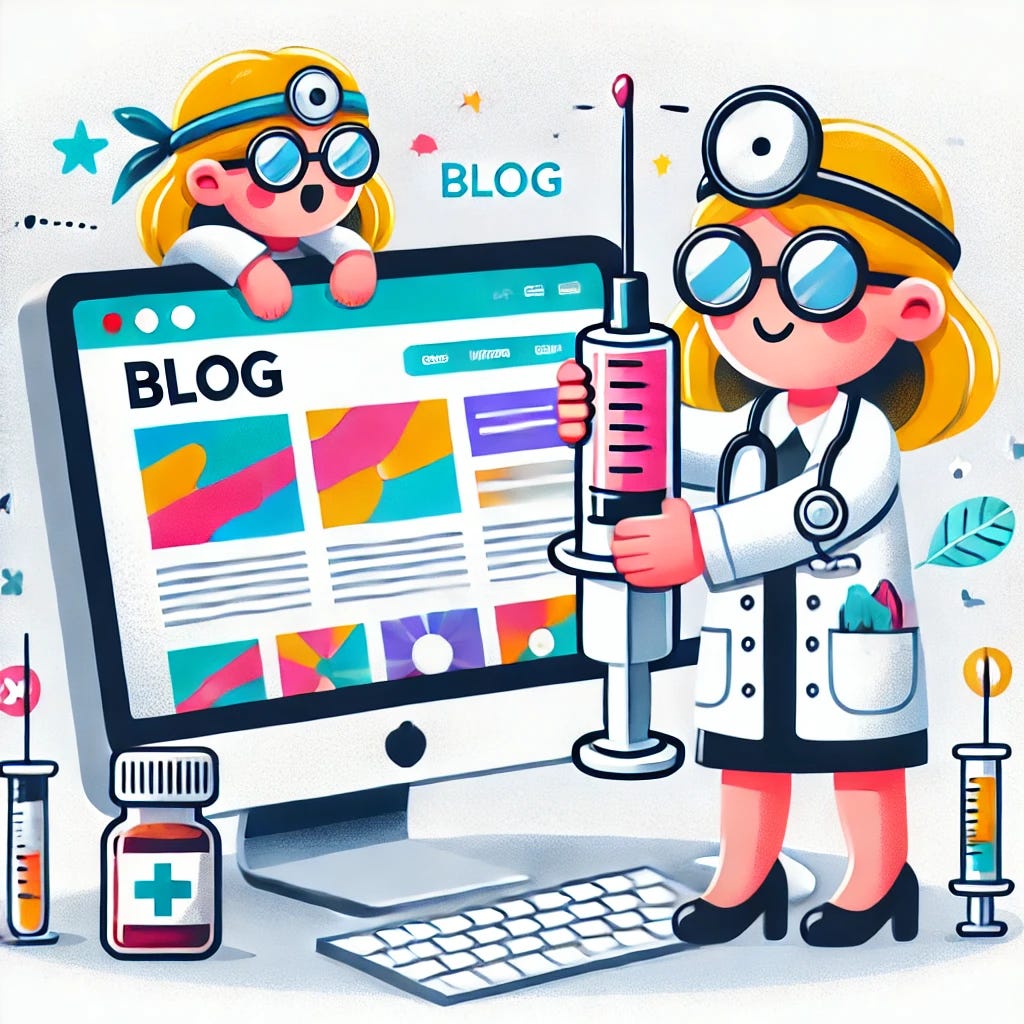 A fun and creative illustration of a female doctor in a white coat using medical tools like a stethoscope and syringe to 'cure' a blog represented as a computer screen. The screen shows colorful, abstract text and images, and the doctor looks focused and cheerful. The scene is lighthearted, with a clean background and minimal text, emphasizing the humorous concept of content curation.