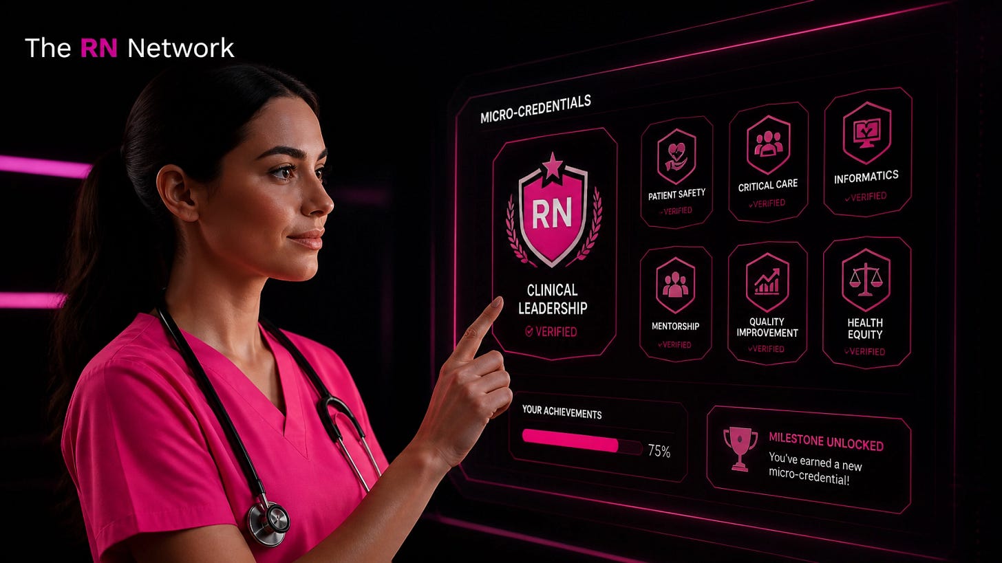 A professional nurse in bold pink scrubs viewing digital micro-credential badges on a sleek interface