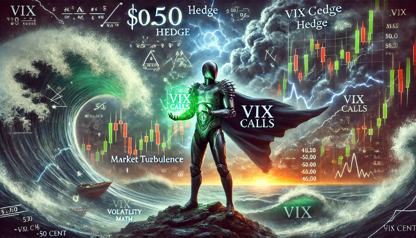 A metaphorical and serious image illustrating financial protection using VIX volatility calls. The scene features a stormy financial landscape, with turbulent clouds labeled 'market turbulence' and crashing waves symbolizing stock market instability. In the foreground, a strong, armored figure labeled '$0.50 Hedge' (a nod to '50 Cent') holds a glowing shield marked 'VIX Calls' to protect against the storm. Floating equations and volatility graphs swirl in the sky, representing complex financial math. The color palette is dark and intense, with highlights of neon green and red to evoke market charts. The mood is serious, technical, and protective.