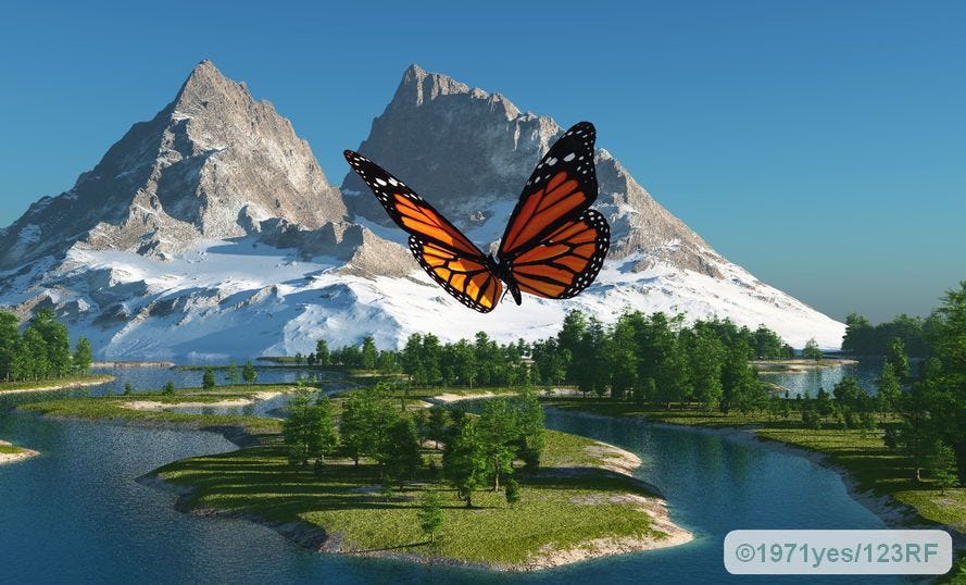 butterfly on the background of a mountain landscape - thyroid gland is like a butterfly in the anterior region of the neck. butterfly on the background of a mountain landscape - thyroid gland is like a butterfly in the anterior region of the neck.