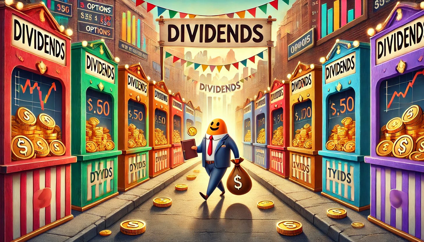A creative and metaphorical scene in a stylized financial marketplace. A row of colorful booths stretches into the distance, each prominently labeled 'Dividends'. Each booth is paying out gold coins or cash, representing dividend payments. A cheerful investor character, wearing a business-casual outfit and holding a portfolio, walks from booth to booth collecting payouts in a large sack that’s filling up rapidly. The environment is imaginative, almost carnival-like, with floating tickers, graphs in the background, and a whimsical, metaphorical style that suggests a multiplier effect and the flow of income through smart investing. The tone is optimistic, professional, and visually engaging, suitable for a blog about options and volatility investing.