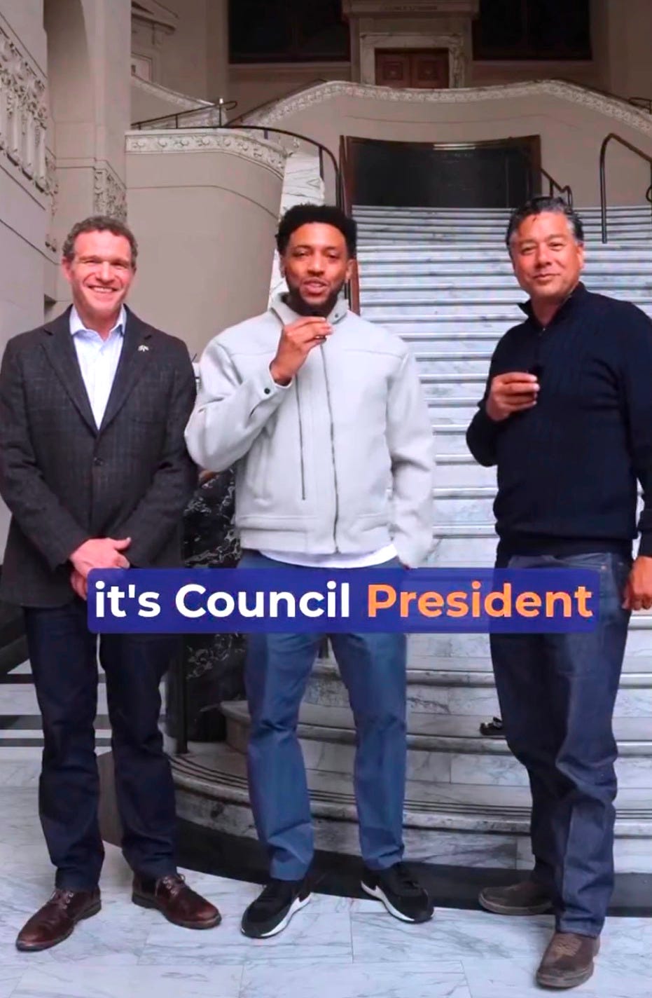 Council president Kevin Jenkins (center) appears with council members Zac Unger, left, and Ken Houston in a social media post encouraging Oakland residents to apply for the Police Commission on April 1, 2026. (Image source: Instagram).