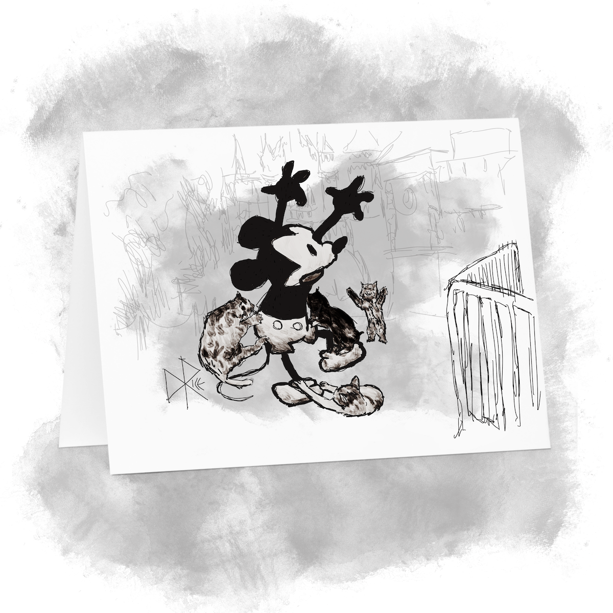 A pack of Disneyland’s feral cats pounce on Steamboat Willie, who unhappily tries to shoo them away. Sketch art by Don Rice. A pack of Disneyland’s feral cats pounce on Steamboat Willie, who unhappily tries to shoo them away. Sketch art by Don Rice.