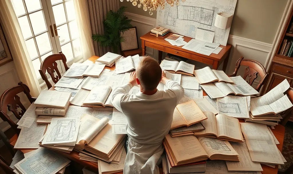 A person sitting at a large dining table covered in hundreds of blueprints, maps, and open books. They aren't looking at the documents; they are leaning back, eyes closed, hand over his face thinking about the paradox of choice and how to choose wisely A person sitting at a large dining table covered in hundreds of blueprints, maps, and open books. They aren't looking at the documents; they are leaning back, eyes closed, hand over his face thinking about the paradox of choice and how to choose wisely