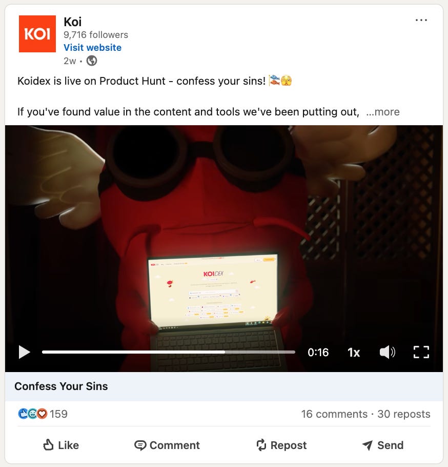 Confess Your Sins campaign video from Koi LinkedIn page Confess Your Sins campaign video from Koi LinkedIn page