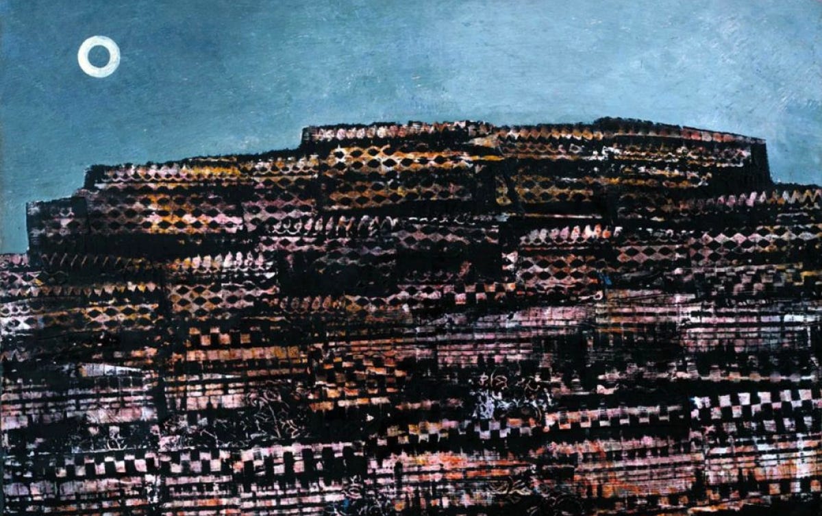 Image of surrealist painting of stacked, crushed building blocks rising to the sky
