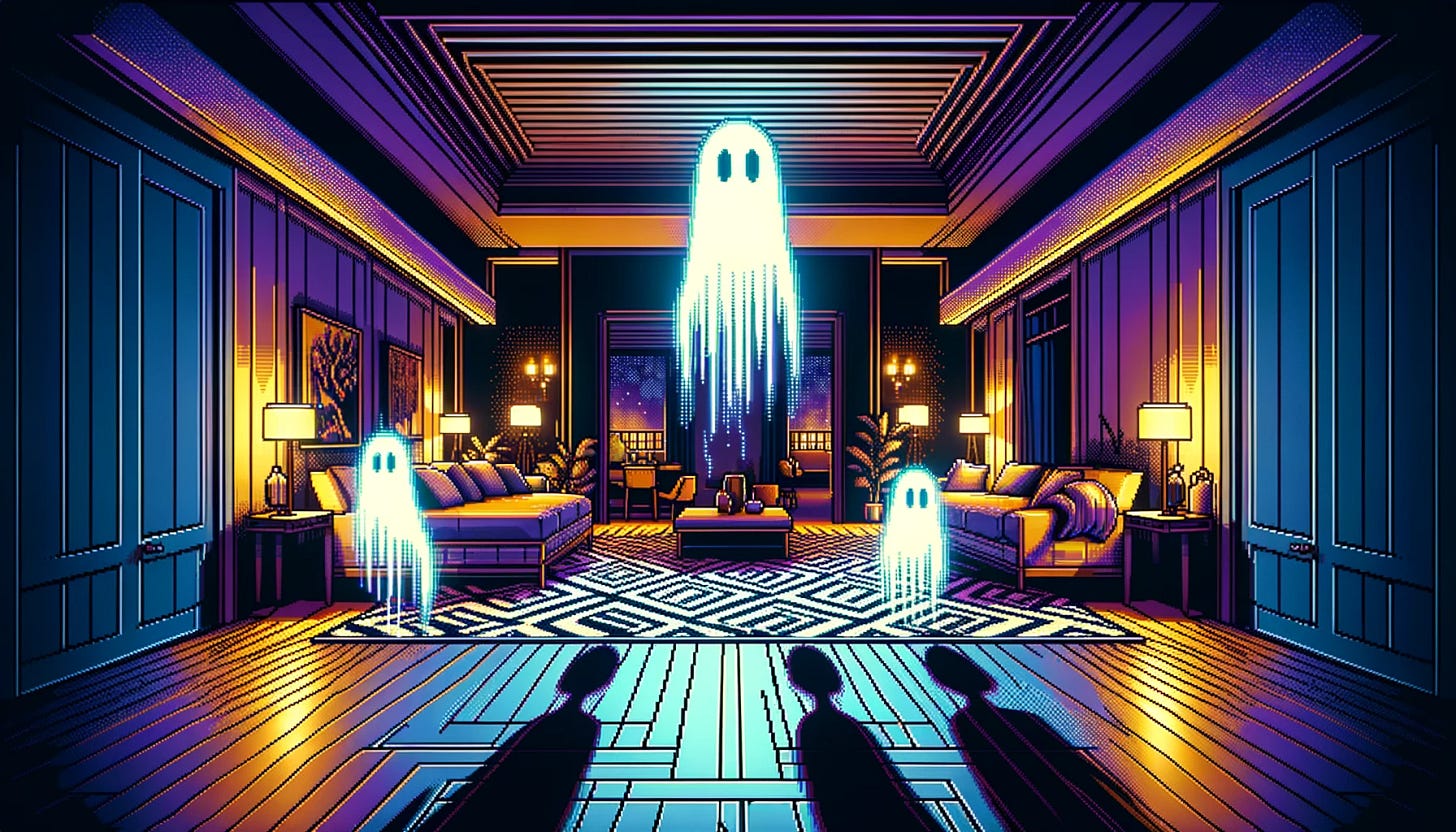Adjust the scene to include three ghosts hovering above three shadowed bodies that are flickering in and out of reality, akin to a video game glitch effect, set within a nighttime chic Los Angeles bungalow apartment. The ghosts are abstract and highly stylized, embodying a surreal elegance. The bodies should be subtly indicated, with a shadowy, flickering appearance that enhances the mysterious and dramatic atmosphere. The setting is distinctly nocturnal, with a sophisticated interior featuring a geometric patterned floor. Incorporate deep blues, purples, and subtle touches of gold in the color palette to highlight the luxurious yet eerie nighttime ambiance. Ensure the 16-bit cutscene aesthetic is prominent, capturing the essence of a nostalgic video game with a modern, artistic twist.