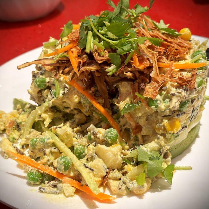 A Bowl of Vegan Chow Fun Stir Fry and Raw Curried Rice at Âu Lạc in Fountain Valley, California