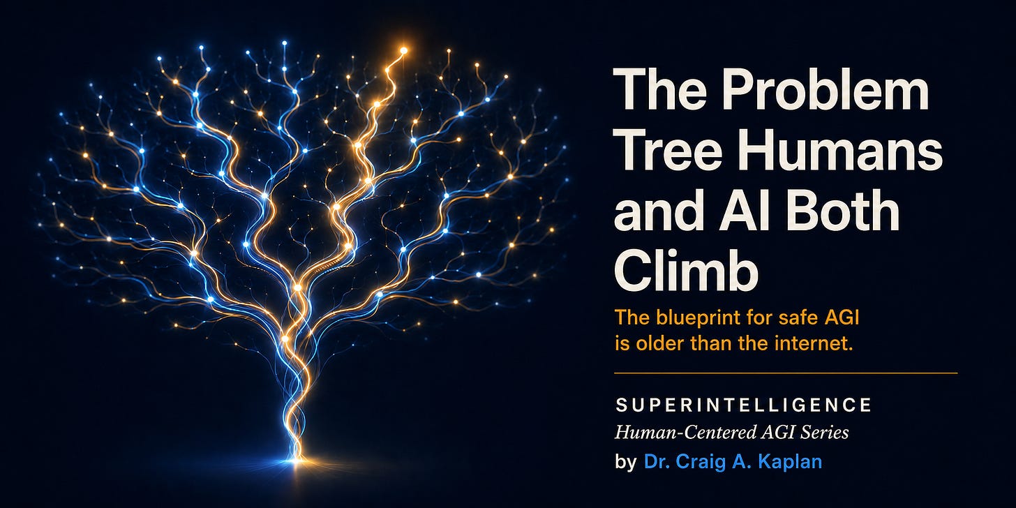 A glowing branching problem tree climbed by a blue human path and an amber AI path, on a near-black field
